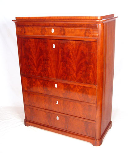 19TH CENTURY SECRETAIRE ABATTANT Crotch grain mahogany veneers Four full