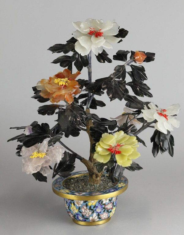 Chinese bonsai jade stone flower tree in cloisonne base 17in