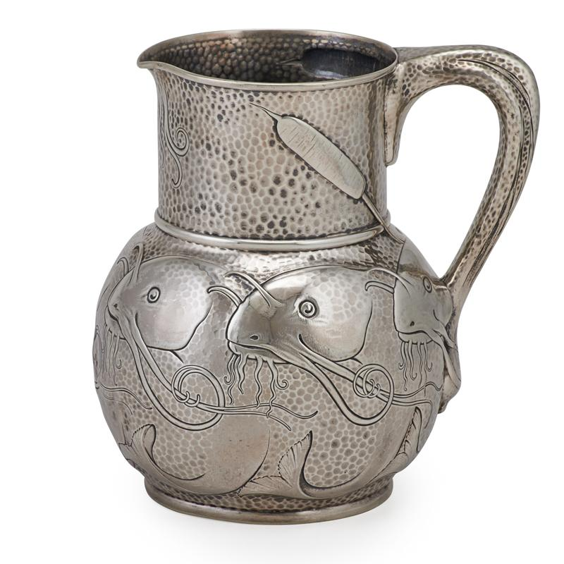 TIFFANY CO ART NOUVEAU SILVER WATER PITCHER Bulbous pitcher banded