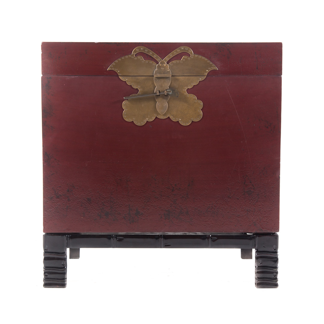 Chinese red lacquered chest 20th century paper lined compartment enclosed