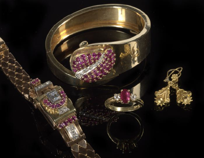 Dramatic Fourteen Karat Yellow Gold Ruby and Diamond Retro Moderne