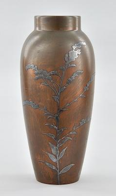 A Heintz Bronze Vase with Silver Overlay The simple tapering