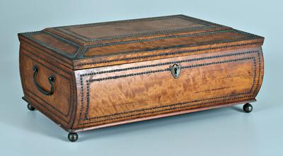 Lidded jewelry cask satinwood or figured birch bowed front and