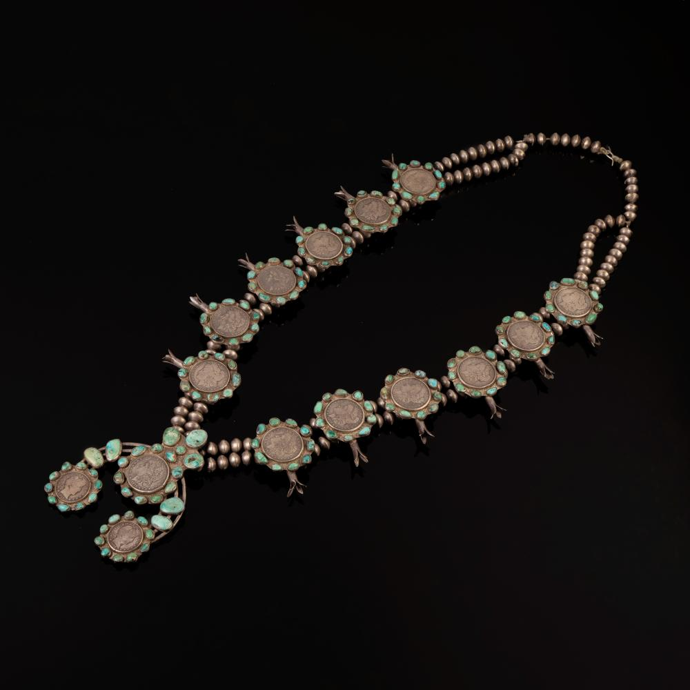DIN NAVAJO SILVER MORGAN DOLLAR AND TURQUOISE SQUASH BLOSSOM NECKLACEDin