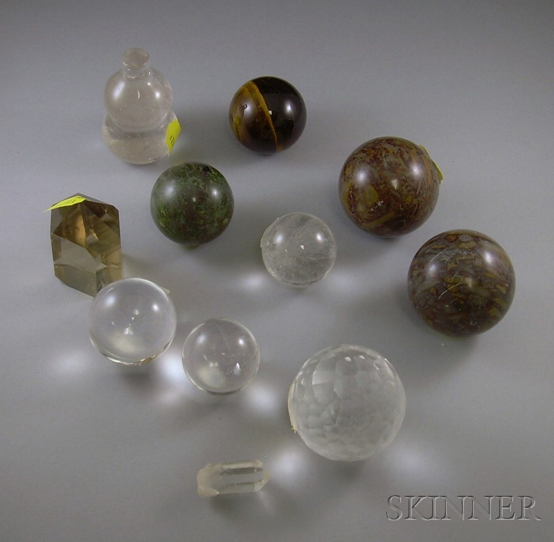 Eleven Stone Spheres and Prisms and Other Items quartz tigers