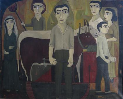 JOAN BROTAT spanish 1920 1990 GROUP OF FARMERS WITH TWO