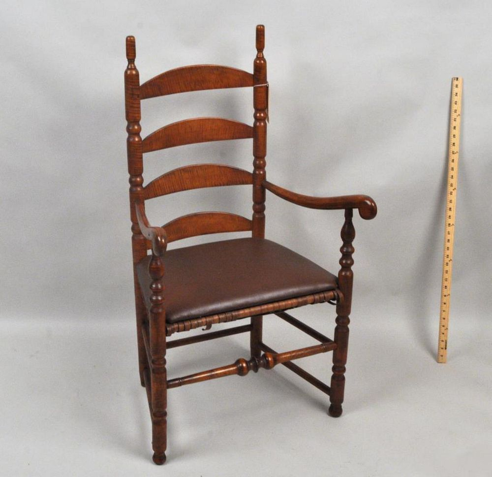 American Country Tiger Maple Ladderback Arm Chair with elongated finials