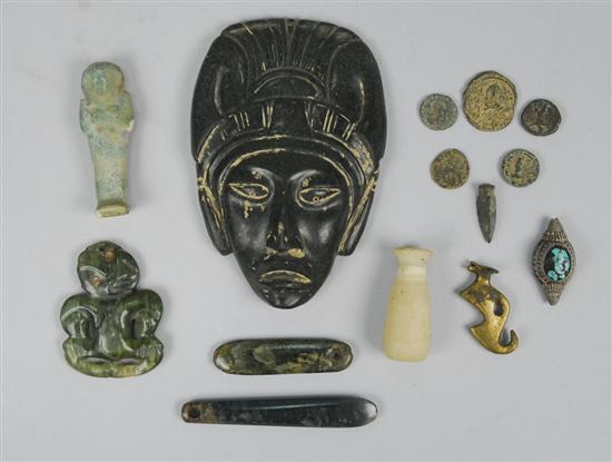 COLLECTION OF ARTIFACTS including a carved stone amulet height 5