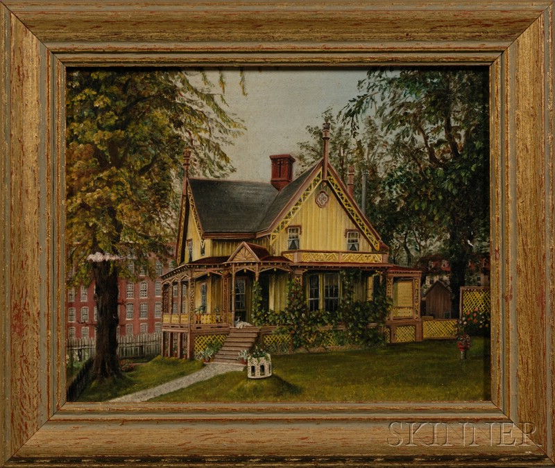 American School 19th Century Portrait of a Yellow Victorian Gothic