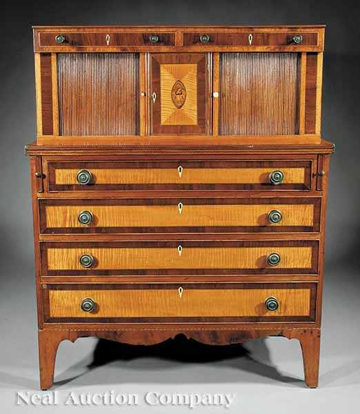 A Fine American Federal Satinwood Inlaid Mahogany Tambour Desk c