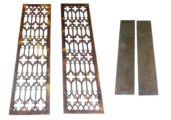 Four metalwork garden ornaments Pair Gothic style cast metal grates