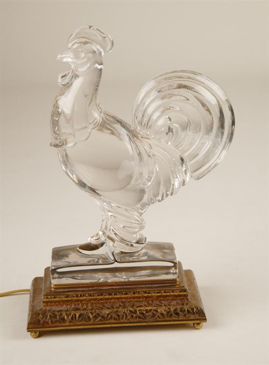 A Glass Rooster Light the foliate chased brass base with