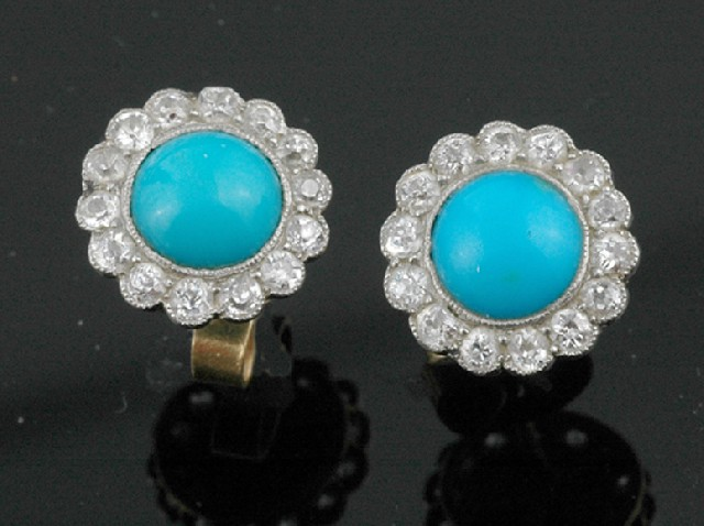 A PAIR OF TURQUOISE AND DIAMOND CLUSTER EARRINGS Each set