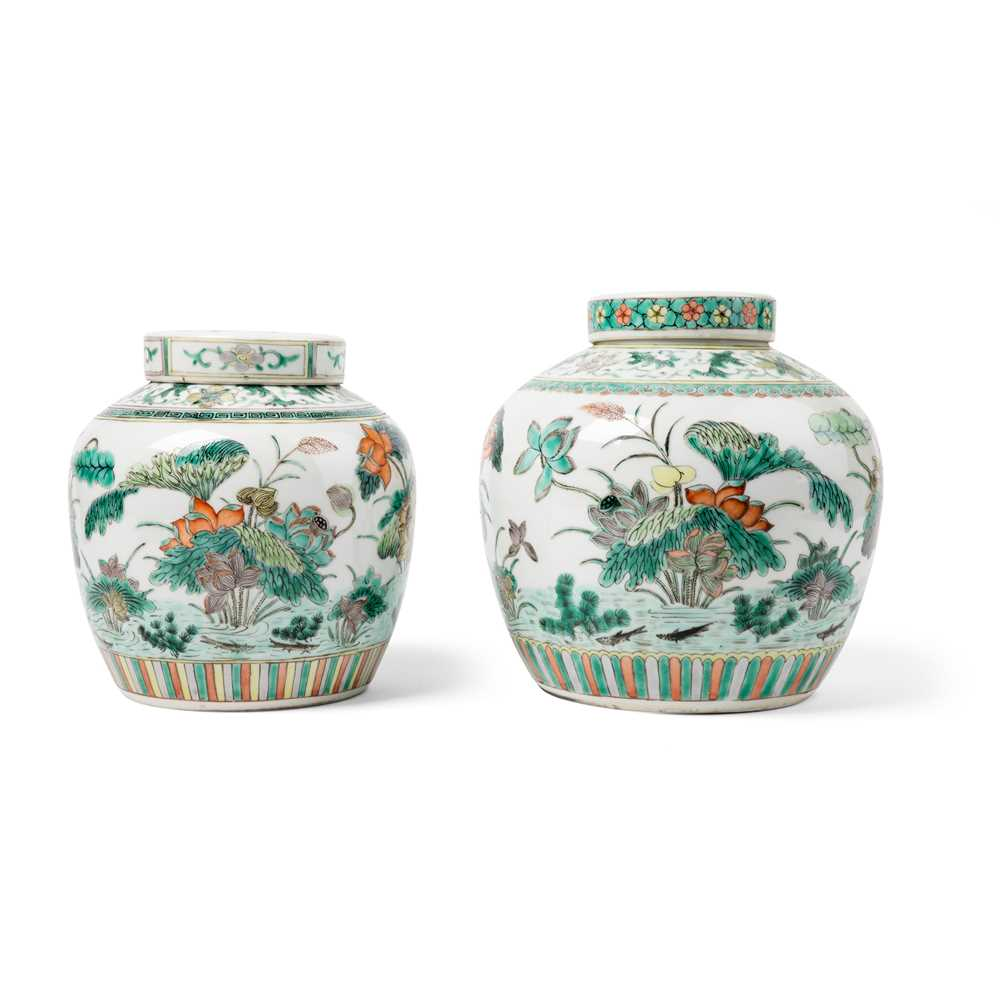 TWO FAMILLE VERTE GINGER JARS AND COVERS QING DYNASTY 19TH