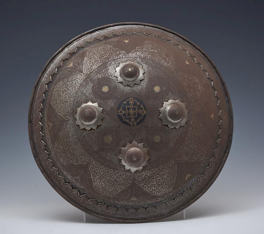 Middle Eastern sipar bronze shield etched and gilt detail Middle
