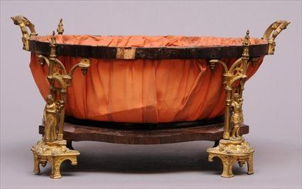 GOTHIC REVIVAL GILT METAL ROSEWOOD AND SILK CENTERPIECE BASKET The