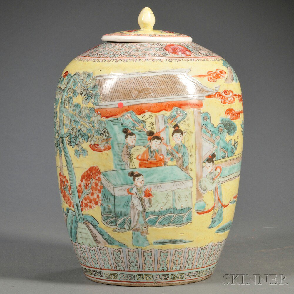 Enameled Jar with Cover China 19th 20th century ovoid depicting