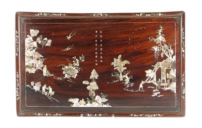 A Chinese hardwood rectangular tray inlaid in mother of pearl