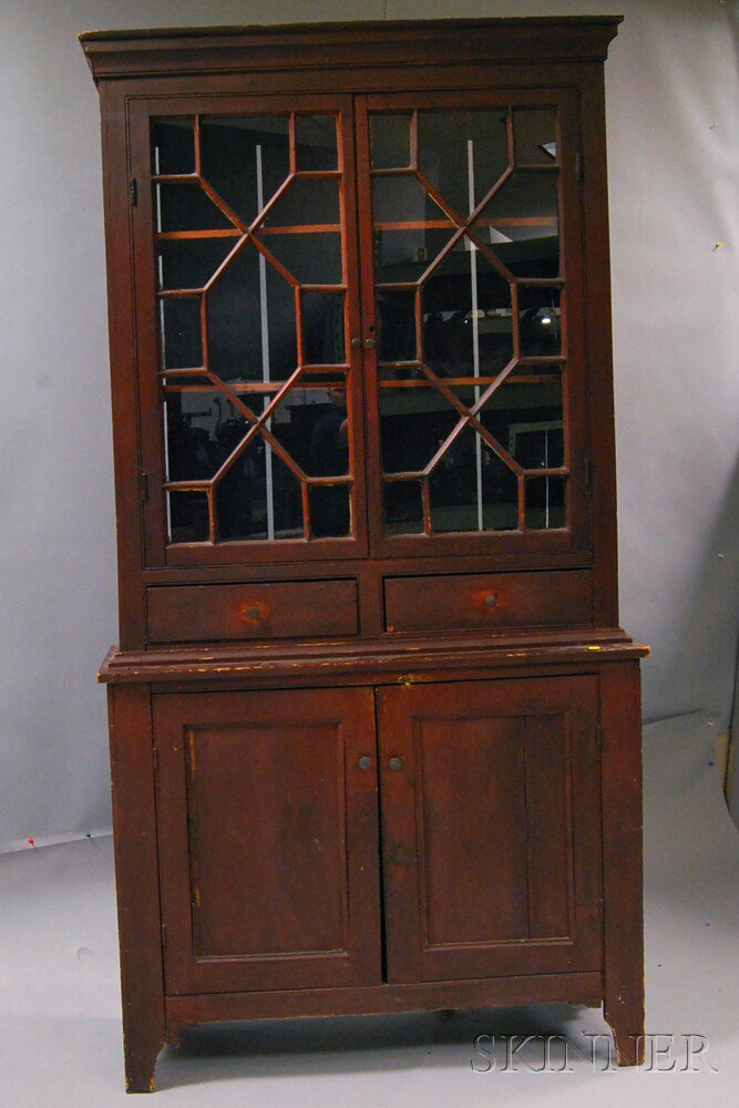 Country Two piece Red painted Glazed Step back Cupboard America