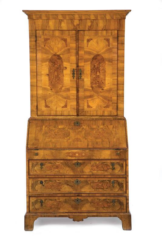 INLAID DESK AND BOOKCASE European 18th century mixed wood veneers