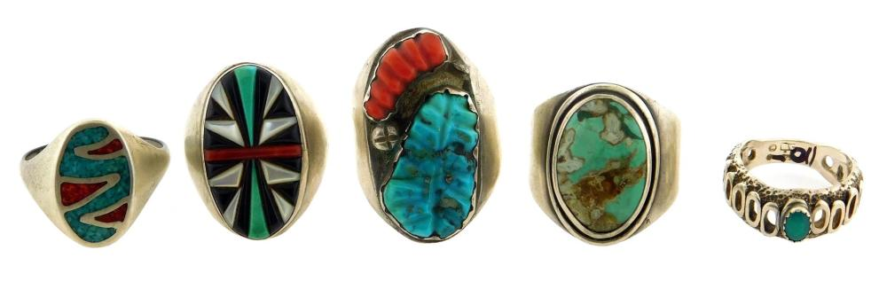 Five silver rings four with inset stones including turquoise coral