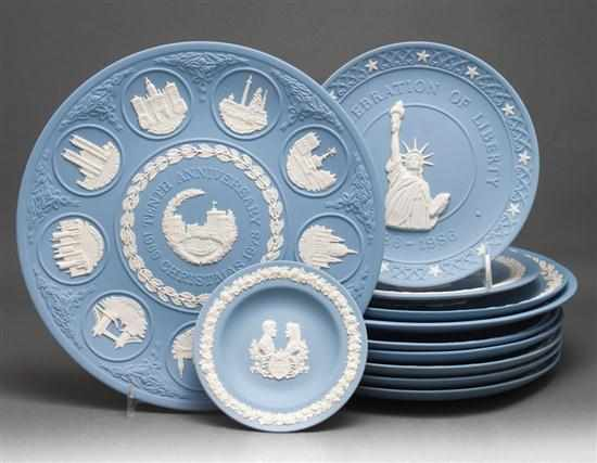 Eleven assorted Wedgwood blue and white jasperware plates Estimate 100