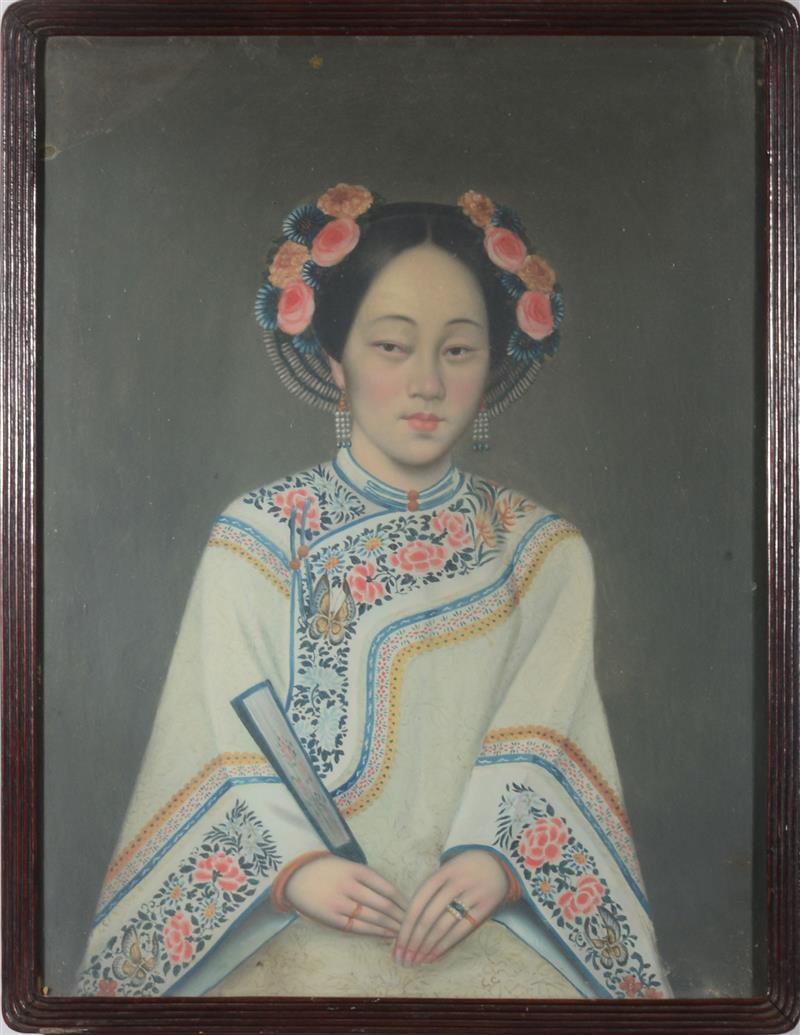 THREE CHINESE EXPORT PORTRAITS OF LADIES Gouache and oil on