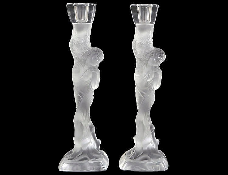 PAIR OF FROSTED GLASS FIGURAL CANDLESTICKSModern Each depicting a standing