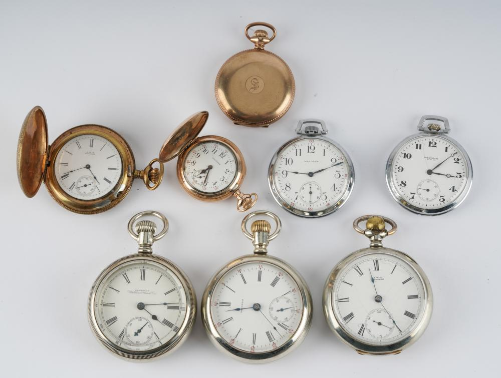 EIGHT WALTHAM POCKET WATCHES1 Keystone18s Silveroid hinged watch case with