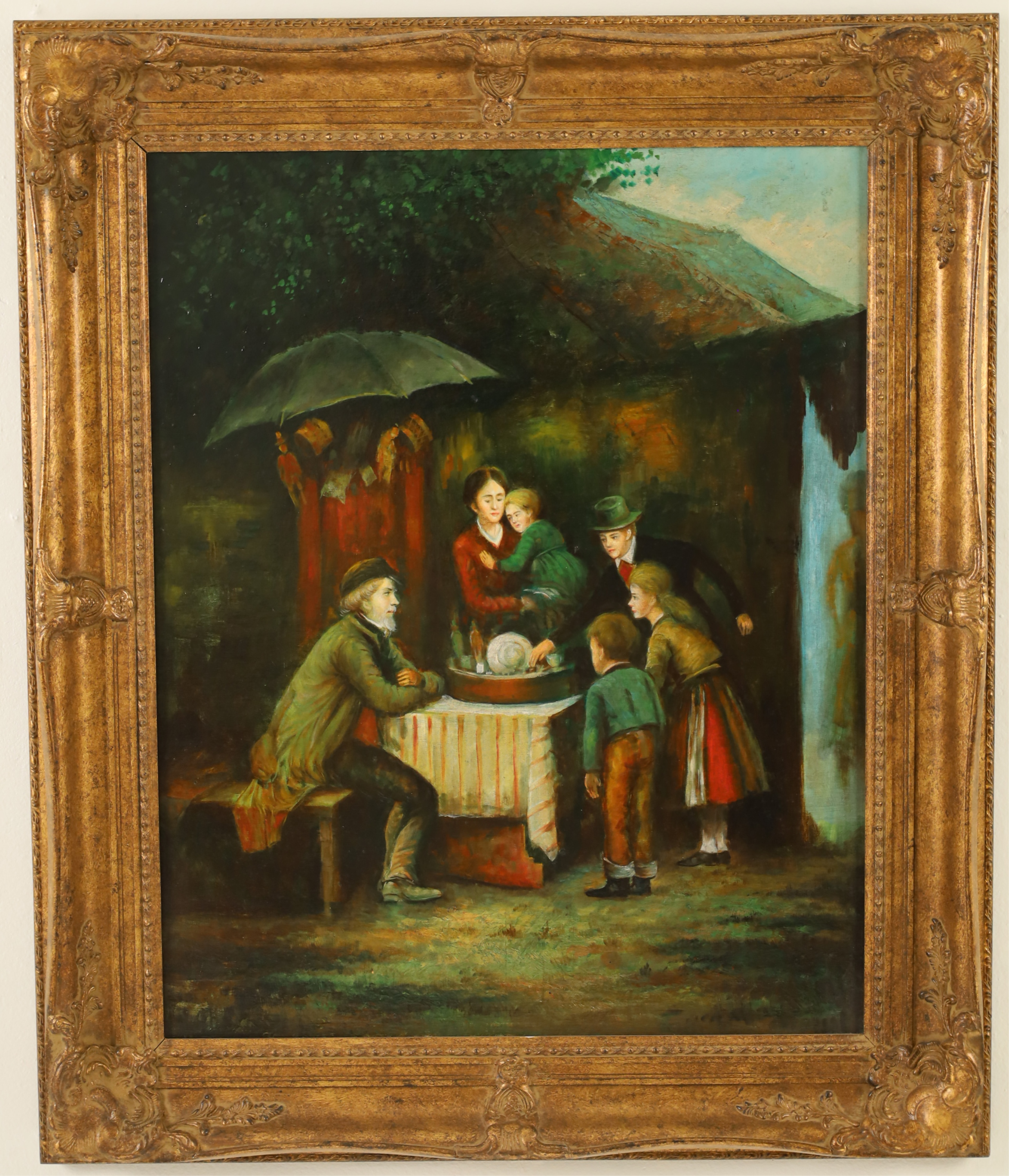 GILT FRAMED O C EXTERIOR SCENE PAINTING OF FAMILY Gilt