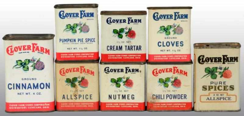 Lot of 8 Clover Farms Spice Tins Description Various amounts