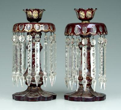 Pair ruby cut to clear lusters gilt highlights hung with
