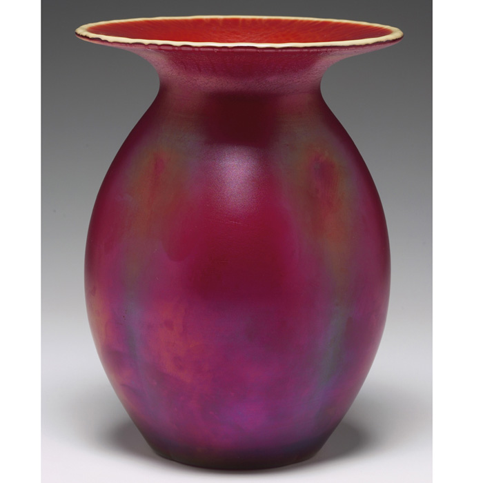 Imperial vase bulbous pinched shape in iridescent red glass with