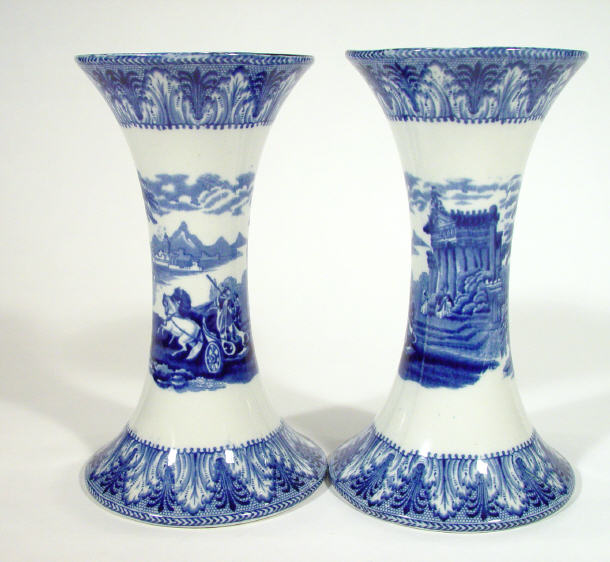 Pair of Cauldon trumpet shaped pottery vases printed with blue