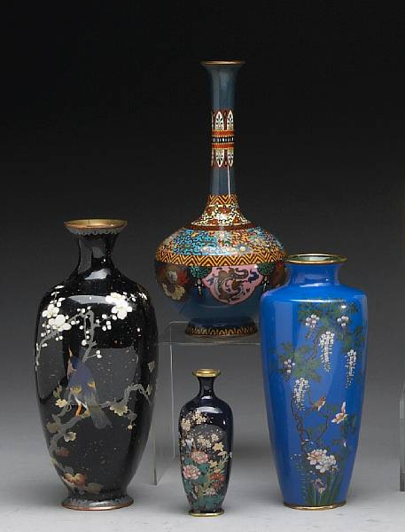 Four cloisonne enamel vases The first of bottle neck form