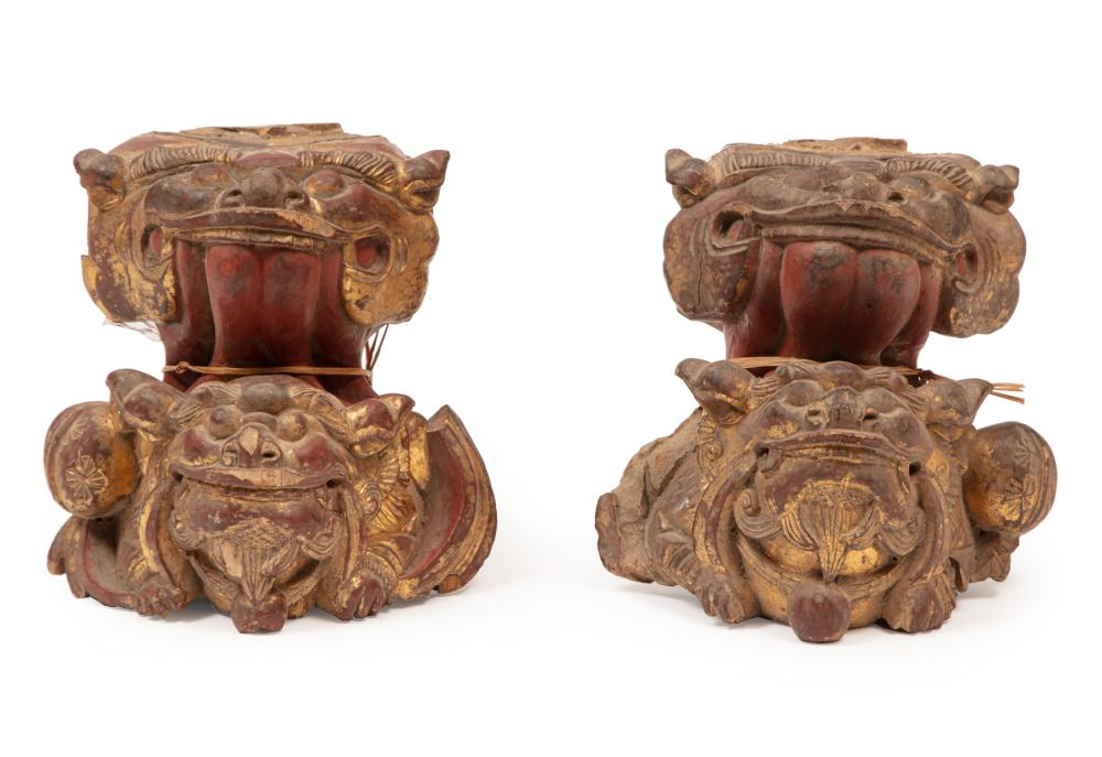 Pair of Antique Carved Giltwood and Red Painted Foo Dog