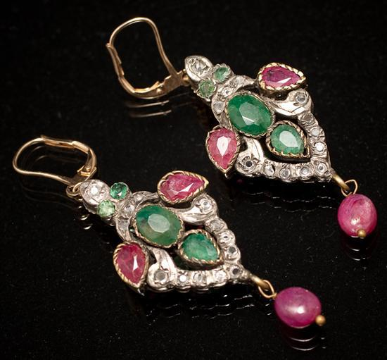 Pair of Victorian Arabesque style gilt metal emerald ruby and