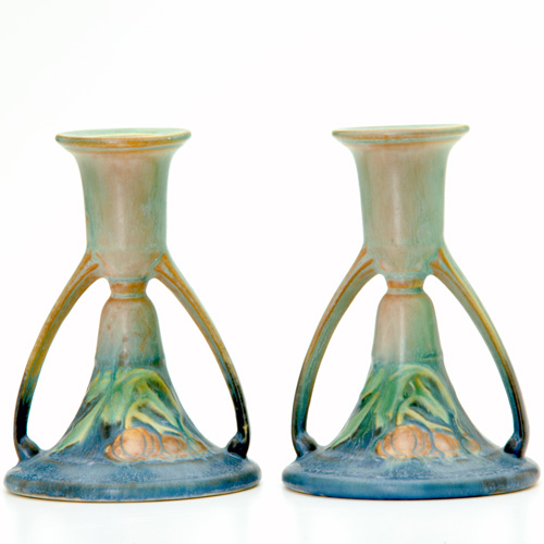 ROSEVILLE Pair of green Baneda candlesticks Small touch up to
