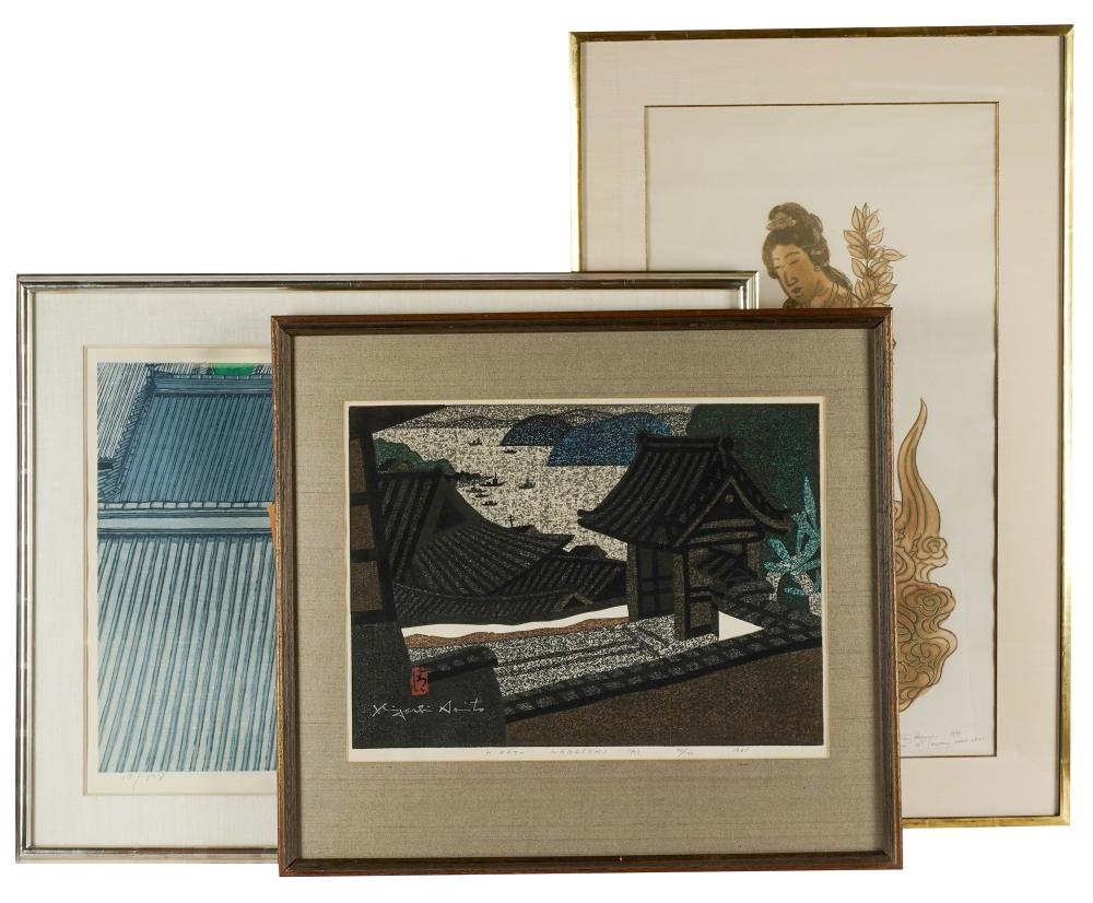THREE JAPANESE WOODBLOCK PRINTSeach signed and dated each matted and