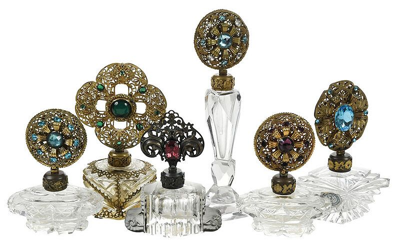 Six Perfumes with Gilt and Jeweled Stoppers probably Czech early