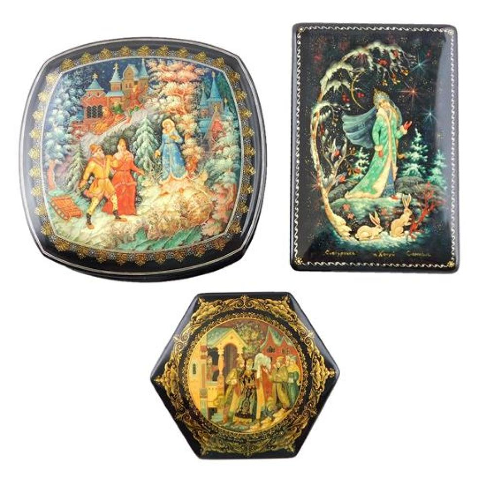Russian hand painted lacquer boxes group of three winter folk