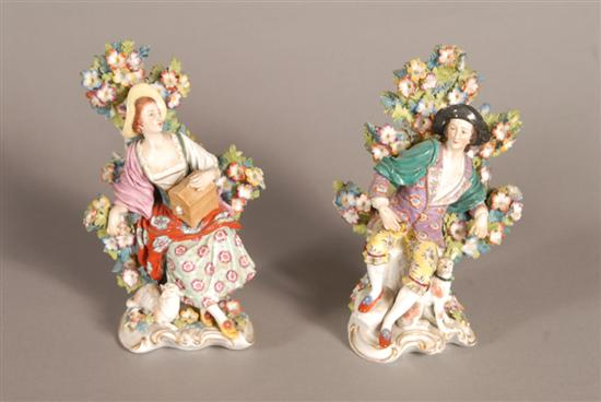 PAIR ANTIQUE DERBY PAINTED PORCELAIN FIGURES Marked with a red