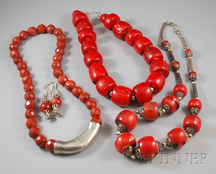 Group of Silver and Coral Jewelry three beaded necklaces and