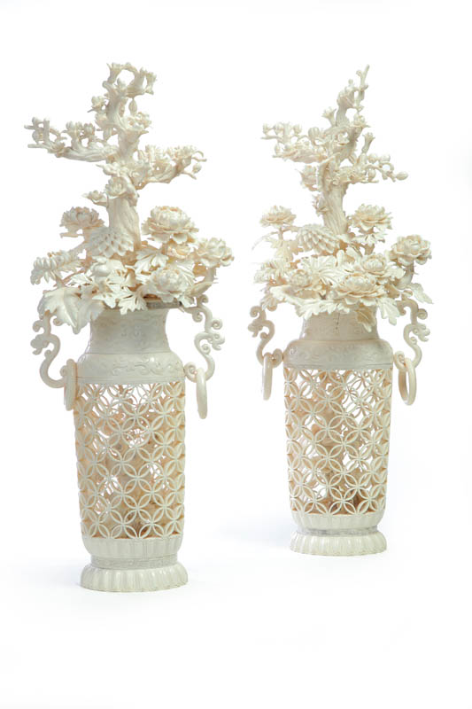 PAIR OF IVORY FLORAL ARRANGEMENTS Peking China 1st half 20th