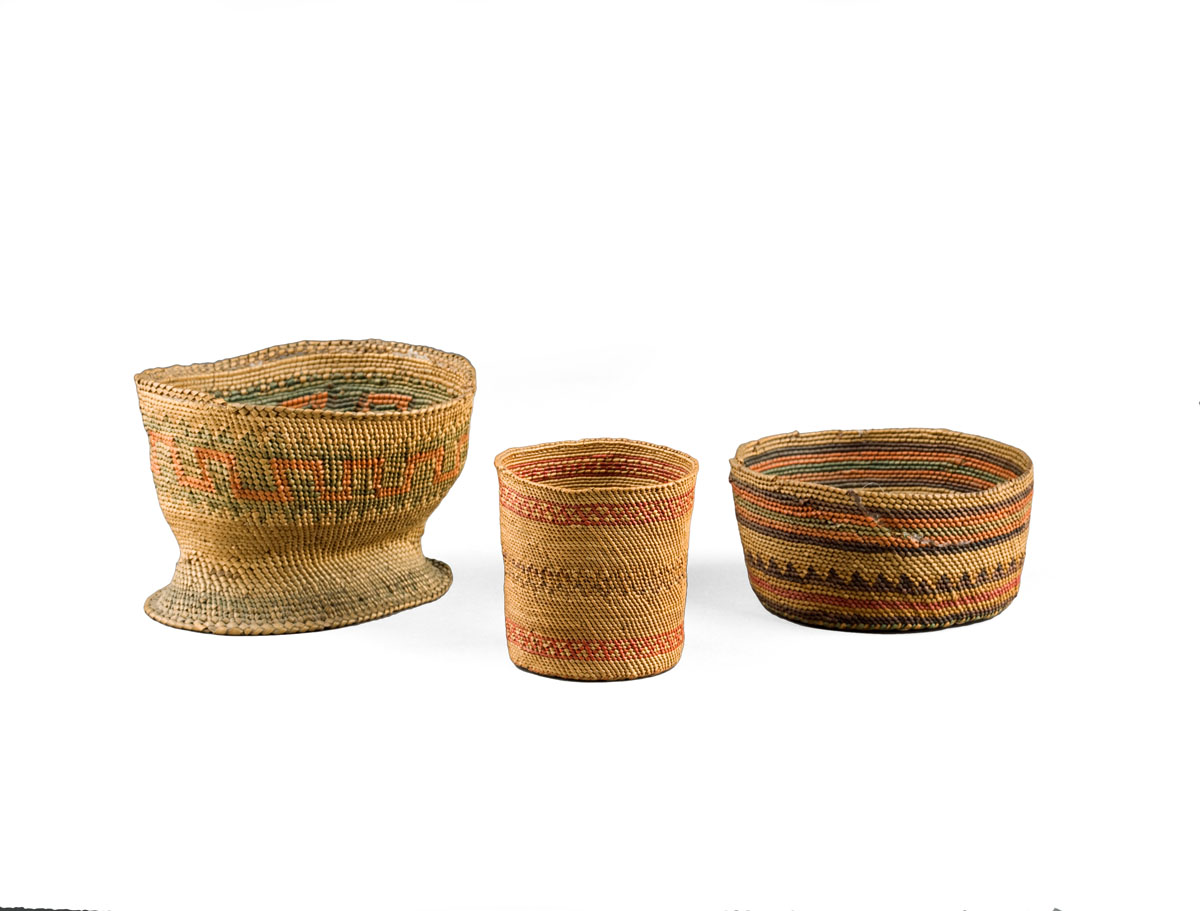 THREE TLINGET INDIAN SMALL BASKETS INCLUDING A FOOTED EXAMPLE SOUTHERN