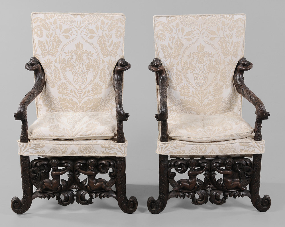 Pair Venetian Baroque Style Carved Walnut Armchairs Italian late 19th