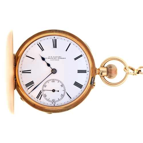 An English 18ct gold half hunting cased keyless lever watch