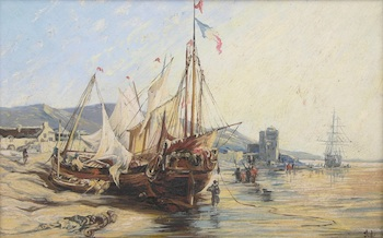 Valentin Sorei Russian b 1957 Ship on a beach Oil