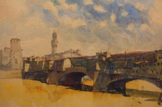 Signed 20th C European Watercolor of a Bridge Signed 20th