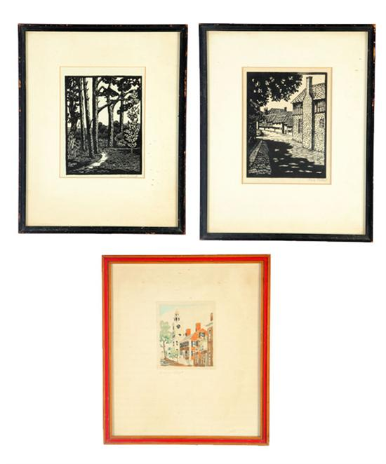 THREE PRINTS Works on paper including two woodblock landscapes signed